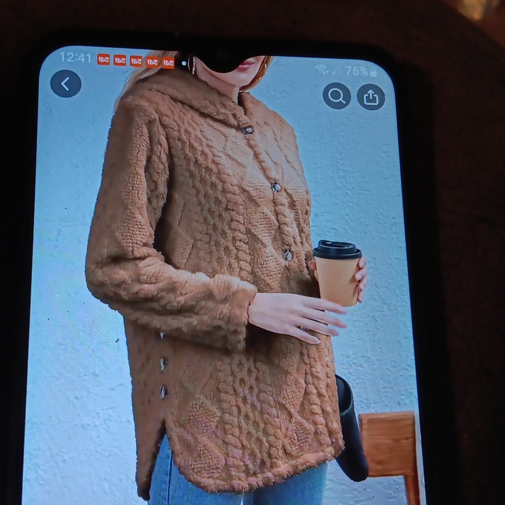 Solid button up Hooded teddy Sweater coat long sleeve split side fauxfur trim 14